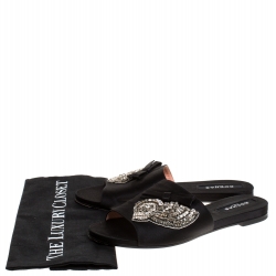 Rochas Black Satin Crystal And Bow Embellished Flat Mule Slides Size 39