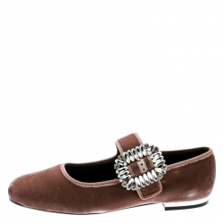 Pre Owned Roger Vivier Blush Pink Velvet Viv Crystal Embellished Buckle Mary Jane Ballet Flats Size 38