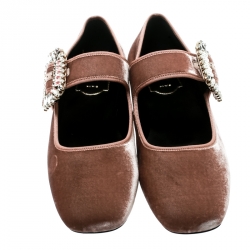 Pre Owned Roger Vivier Blush Pink Velvet Viv Crystal Embellished Buckle Mary Jane Ballet Flats Size 38