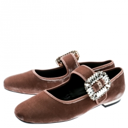 Pre Owned Roger Vivier Blush Pink Velvet Viv Crystal Embellished Buckle Mary Jane Ballet Flats Size 38