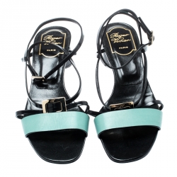 Pre Owned Roger Vivier Teal/Black Leather Ankle Strappy Sandals Size 36