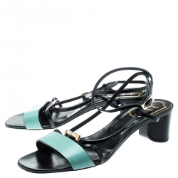 Pre Owned Roger Vivier Teal/Black Leather Ankle Strappy Sandals Size 36