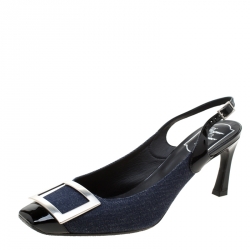 Roger Vivier Blue Denim And Black Leather Trompette Slingback Sandals Size 38