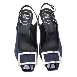 Roger Vivier Blue Denim And Black Leather Trompette Slingback Sandals Size 38