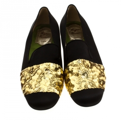 Pre Owned Roger Vivier Black Satin Sequins Embellished Smoking Slippers Size 37.5