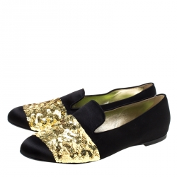 Pre Owned Roger Vivier Black Satin Sequins Embellished Smoking Slippers Size 37.5