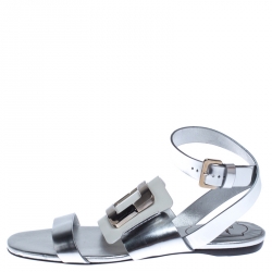 Pre Owned Roger Vivier Metallic Silver/White Leather Chips Embellished Flat Sandals Size 35.5