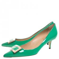 Pre Owned Roger Vivier Green Patent Leather Metal Logo Pointed Toe Pumps Size 38