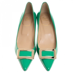 Pre Owned Roger Vivier Green Patent Leather Metal Logo Pointed Toe Pumps Size 38