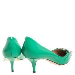 Pre Owned Roger Vivier Green Patent Leather Metal Logo Pointed Toe Pumps Size 38