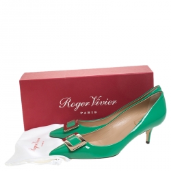 Pre Owned Roger Vivier Green Patent Leather Metal Logo Pointed Toe Pumps Size 38