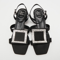 Pre Owned Roger Vivier Black Satin Crystal Embellished Ankle Strap Sandals Size 36