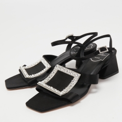 Pre Owned Roger Vivier Black Satin Crystal Embellished Ankle Strap Sandals Size 36