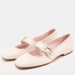 Roger Vivier Cream Patent Viv Crystal Embellished Buckle Mary Jane Ballet Flats Size 41.5