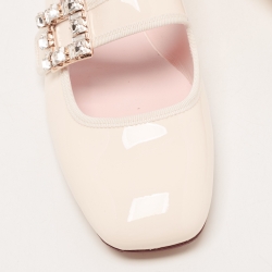 Roger Vivier Cream Patent Viv Crystal Embellished Buckle Mary Jane Ballet Flats Size 41.5