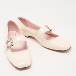 Roger Vivier Cream Patent Viv Crystal Embellished Buckle Mary Jane Ballet Flats Size 41.5