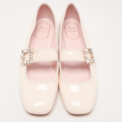 Roger Vivier Cream Patent Viv Crystal Embellished Buckle Mary Jane Ballet Flats Size 41.5