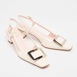 Pre Owned Roger Vivier Cream Patent Leather Belle Vivier 45  Slingback Pumps Size 39.5