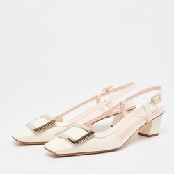 Pre Owned Roger Vivier Cream Patent Leather Belle Vivier 45  Slingback Pumps Size 39.5