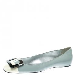 Pre Owned Roger Vivier Grey/Off White Patent Leather Buckle Detail Square Cap Toe Ballet Flats Size 39.5