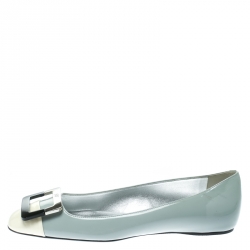 Pre Owned Roger Vivier Grey/Off White Patent Leather Buckle Detail Square Cap Toe Ballet Flats Size 39.5