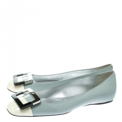 Pre Owned Roger Vivier Grey/Off White Patent Leather Buckle Detail Square Cap Toe Ballet Flats Size 39.5
