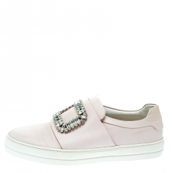 Pre Owned Roger Vivier Blush Pink Leather Sneaky Viv Embellished Slip On Sneakers Size 38.5