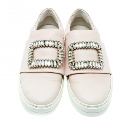 Pre Owned Roger Vivier Blush Pink Leather Sneaky Viv Embellished Slip On Sneakers Size 38.5