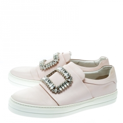 Pre Owned Roger Vivier Blush Pink Leather Sneaky Viv Embellished Slip On Sneakers Size 38.5