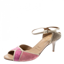 Roger Vivier Pink And Beige Suede Peep Toe Ankle Strap Sandals Size 37