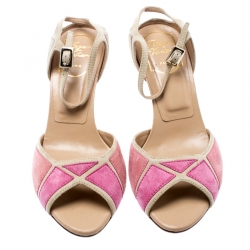 Roger Vivier Pink And Beige Suede Peep Toe Ankle Strap Sandals Size 37