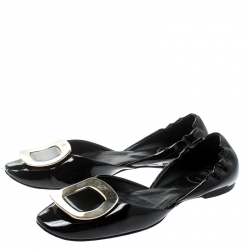 Roger Vivier Black Patent Leather Chips D'orsay Buckle Flats Size 37