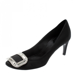 Pre Owned Roger Vivier Black Embellished Satin Limelight Buckle Pumps Size 37