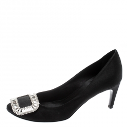 Pre Owned Roger Vivier Black Embellished Satin Limelight Buckle Pumps Size 37