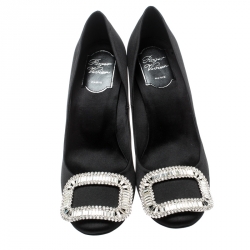 Pre Owned Roger Vivier Black Embellished Satin Limelight Buckle Pumps Size 37