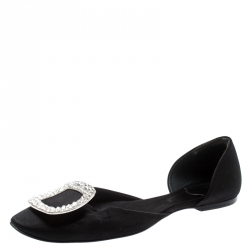 Roger Vivier Black Satin Chips Prism Studded Flats Size 38