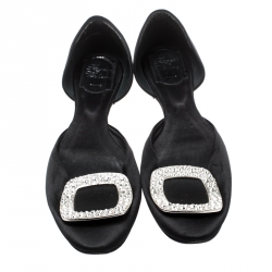 Roger Vivier Black Satin Chips Prism Studded Flats Size 38