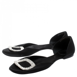 Roger Vivier Black Satin Chips Prism Studded Flats Size 38