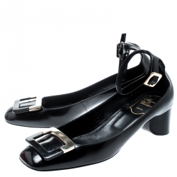 Roger Vivier Black Leather Buckle Detail Ankle Strap Pumps Size 38.5