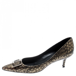 Roger Vivier Black/Gold Textured Leather Pointed Toe Buckle Pumps Size 38