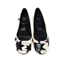 Pre Owned Roger Vivier Black And White Leather Buckle Detail Square Cap Toe Ballet Flats 37.5