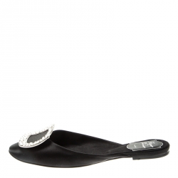 Pre Owned Roger Vivier Black Satin Crystal Embellished Flat Slide Mules Size 36.5