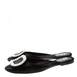 Pre Owned Roger Vivier Black Satin Crystal Embellished Flat Slide Mules Size 36.5