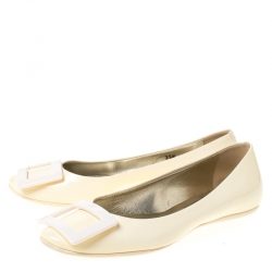 Pre Owned Roger Vivier Cream Patent Leather Gommette Ballet Flats Size 35.5
