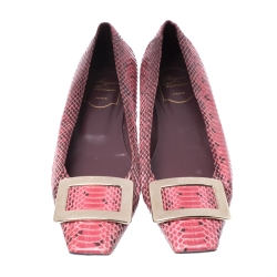 Roger Vivier Pink Python Leather Buckle Detail Ballet Flats Size 37.5