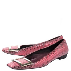 Roger Vivier Pink Python Leather Buckle Detail Ballet Flats Size 37.5