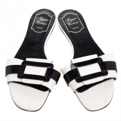 Roger Vivier Cream/Black Leather Pilgrim De Jour Flat Slides Size 39