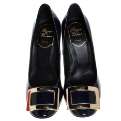 Pre Owned Roger Vivier Navy Blue Patent Leather Trompette Pumps Size 35.5