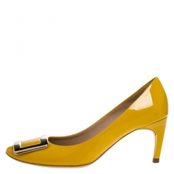 Pre Owned Roger Vivier Yellow Patent Leather Metal Logo Round Toe Pumps Size 35.5