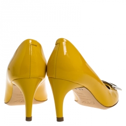 Pre Owned Roger Vivier Yellow Patent Leather Metal Logo Round Toe Pumps Size 35.5
